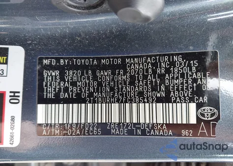 2015 Toyota Corolla S Plus from USA, damaged, VIN 2T1BURHE7FC385492